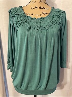 Karen Kane Teal Green Smocked Neck Peasant Blouse